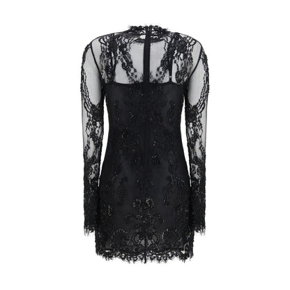Blumarine Lace Mini Dress with Bead Embroidery – Black