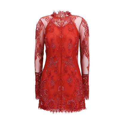 Blumarine Lace Mini Dress with Bead Embroidery – Red