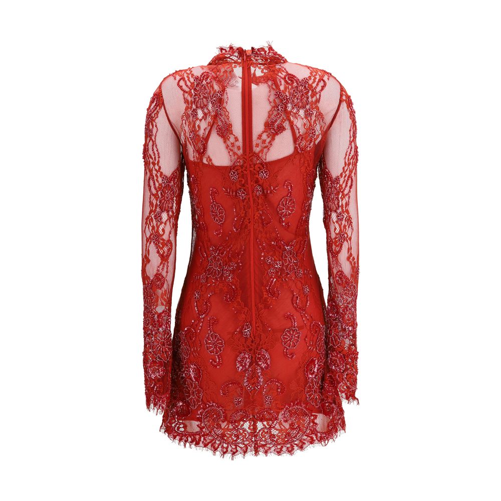 Blumarine Lace Mini Dress with Bead Embroidery – Red