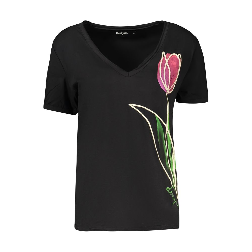 Desigual Tulip-Print Embroidered T-Shirt – Black