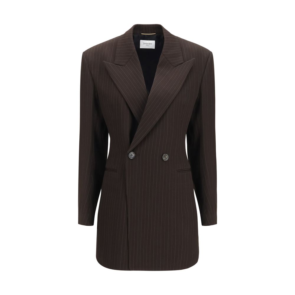 Saint Laurent Double-Breasted Pinstripe Wool Jacket – Brown