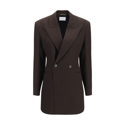 Saint Laurent Double-Breasted Pinstripe Wool Jacket – Brown