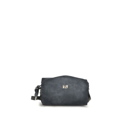 Dark blue Balenciaga suede shoulder bag with metal clasp, front view