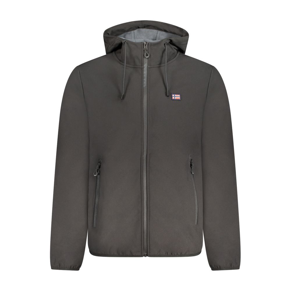 Black jacket with hood, zipper and chest logo, front view.