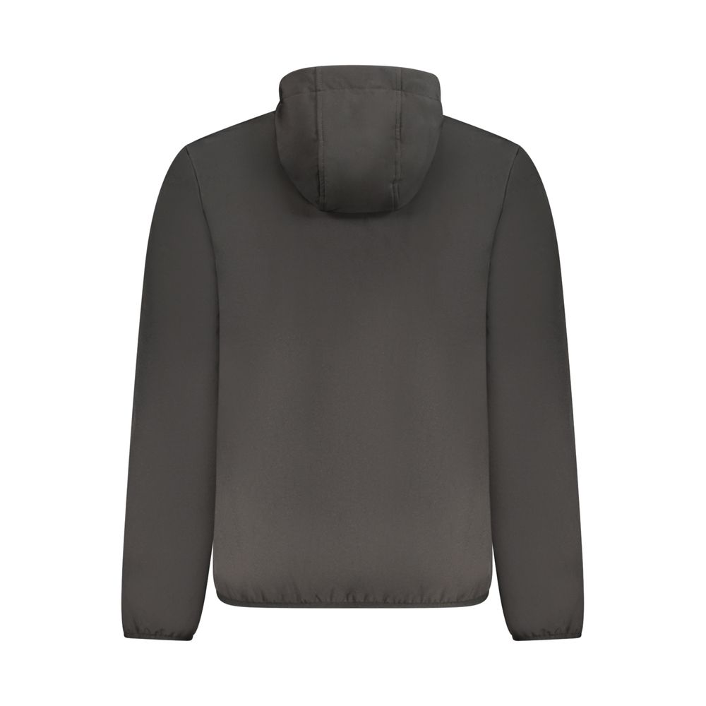 Black jacket seen from the back with a hood and long sleeves.