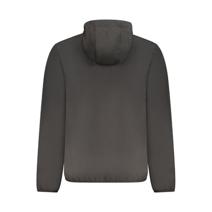Black jacket seen from the back with a hood and long sleeves.
