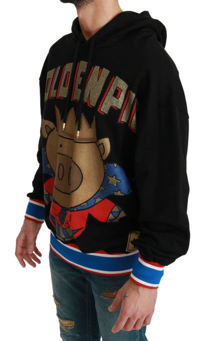 Dolce & Gabbana black cotton hooded sweater with multicolor motif