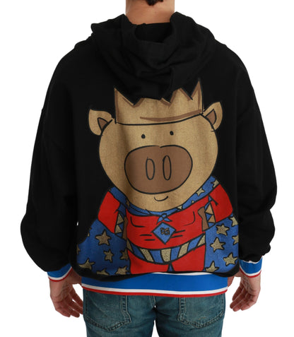 Dolce & Gabbana black cotton hooded sweater with multicolor motif