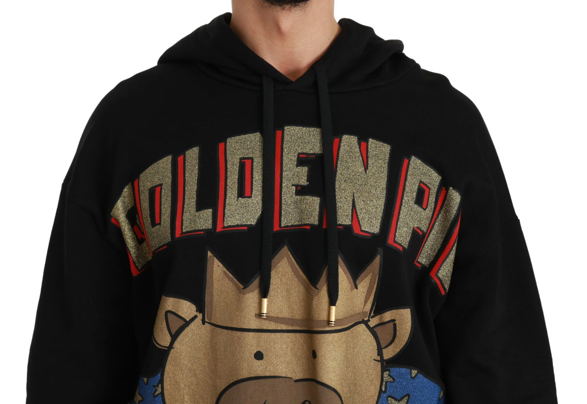 Dolce & Gabbana black cotton hooded sweater with multicolor motif