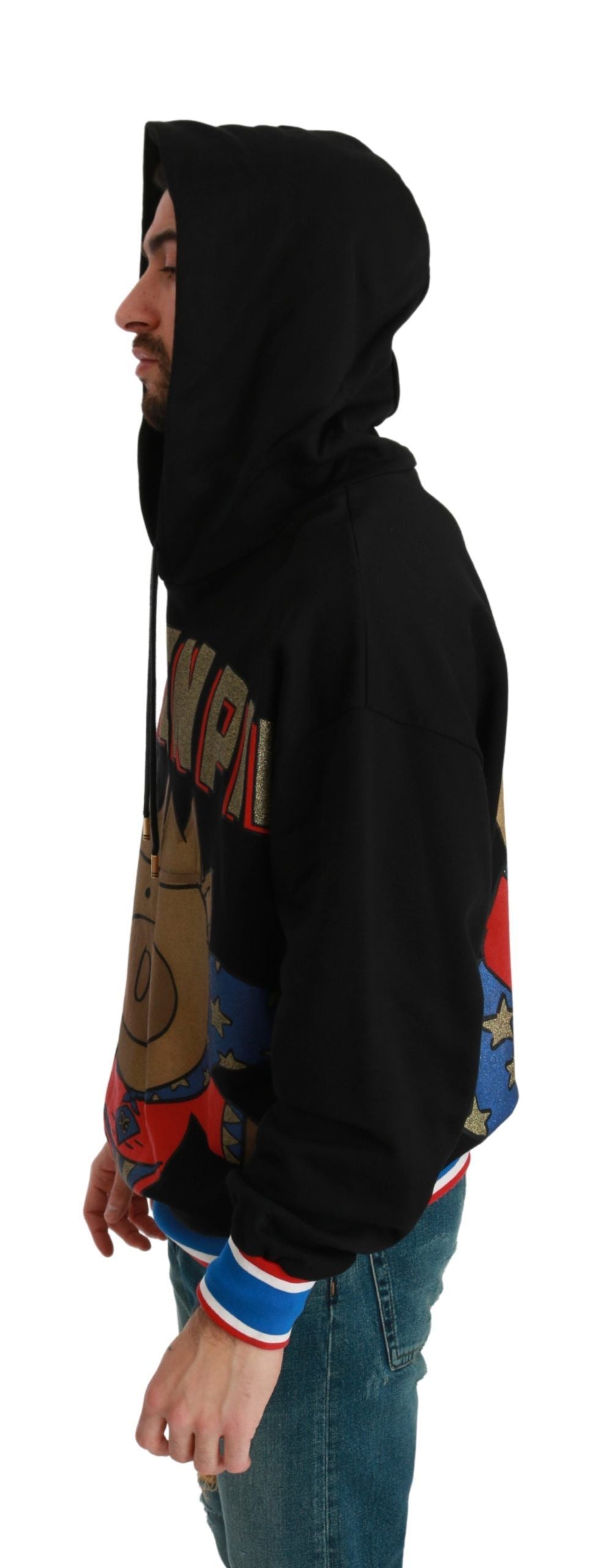 Dolce & Gabbana black cotton hooded sweater with multicolor motif