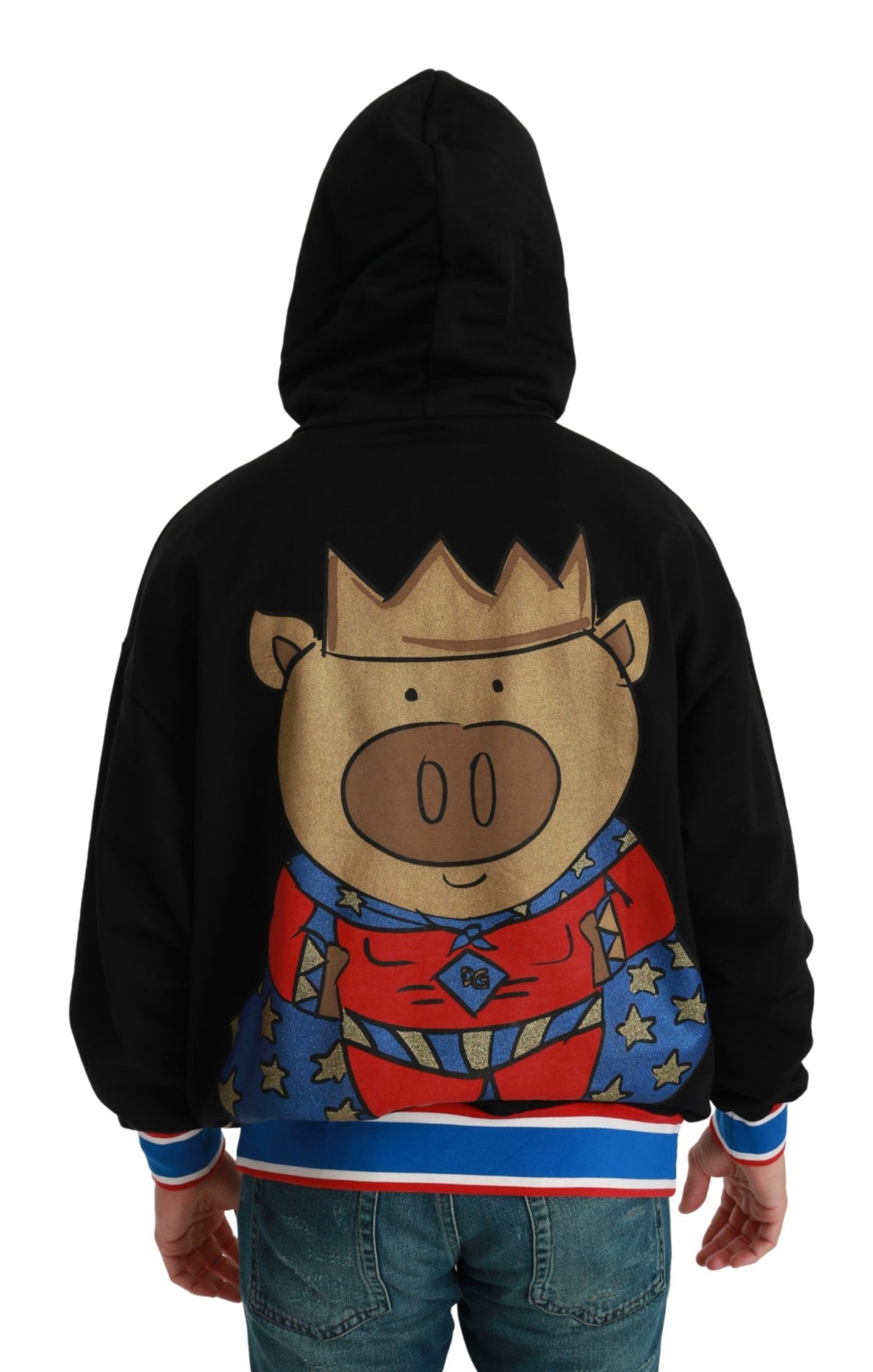 Dolce & Gabbana black cotton hooded sweater with multicolor motif