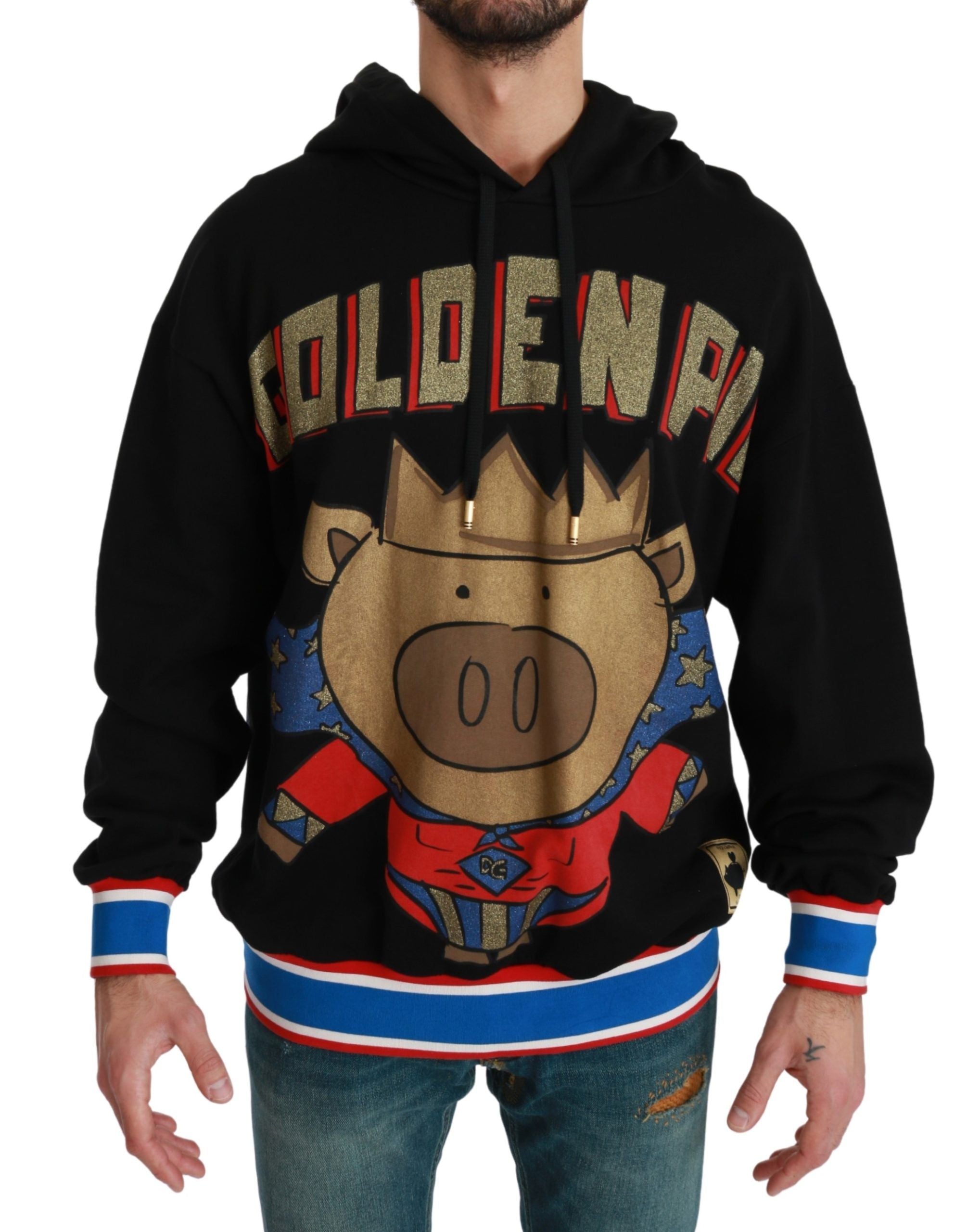 Dolce & Gabbana black cotton hooded sweater with multicolor motif