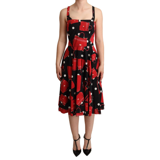 Dolce & Gabbana Black Red Bag Print A-line Mid Length Dress