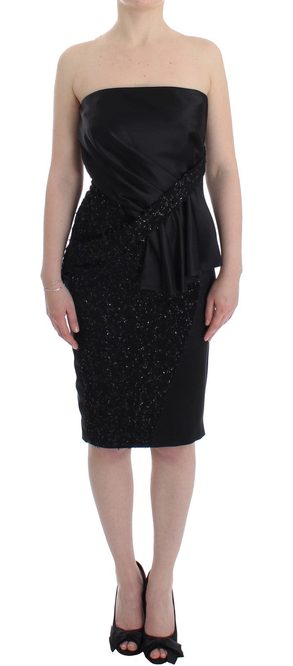 Masha Ma black strapless embellished pencil dress in virgin wool, viscose and nylon
