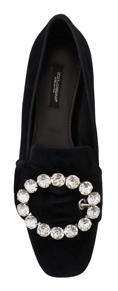 Dolce & Gabbana black velvet loafers with clear crystals