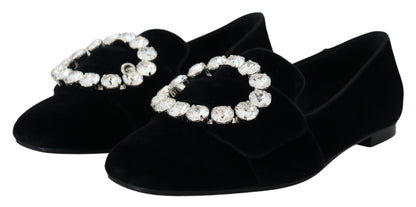 Dolce & Gabbana black velvet loafers with clear crystals
