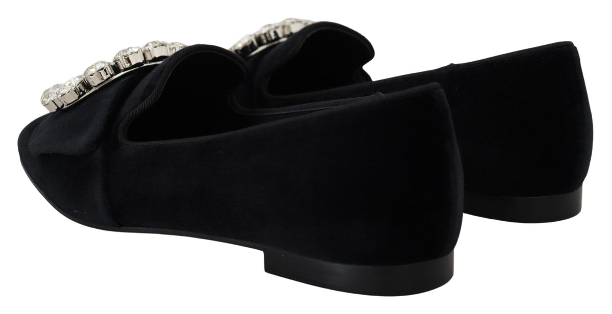 Dolce & Gabbana black velvet loafers with clear crystals