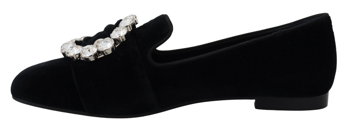Dolce & Gabbana black velvet loafers with clear crystals