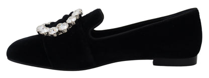 Dolce & Gabbana black velvet loafers with clear crystals