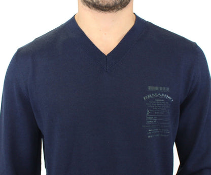 Blue Ermanno Scervino V-neck pullover sweater in acrylic and wool