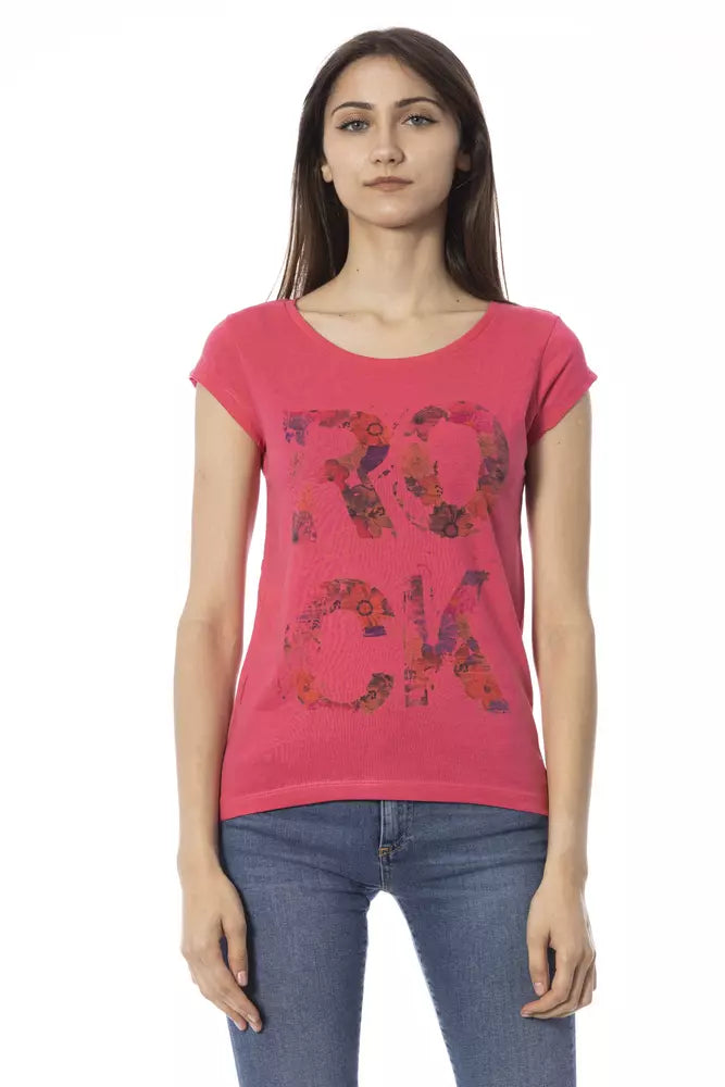Pink t-shirt with round neckline and short sleeves viewed from front with floral printed letters