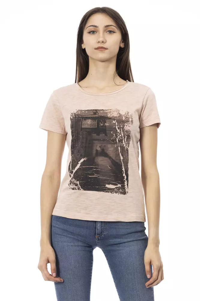 Beige short-sleeve t-shirt viewed from front with black abstract print on chest.