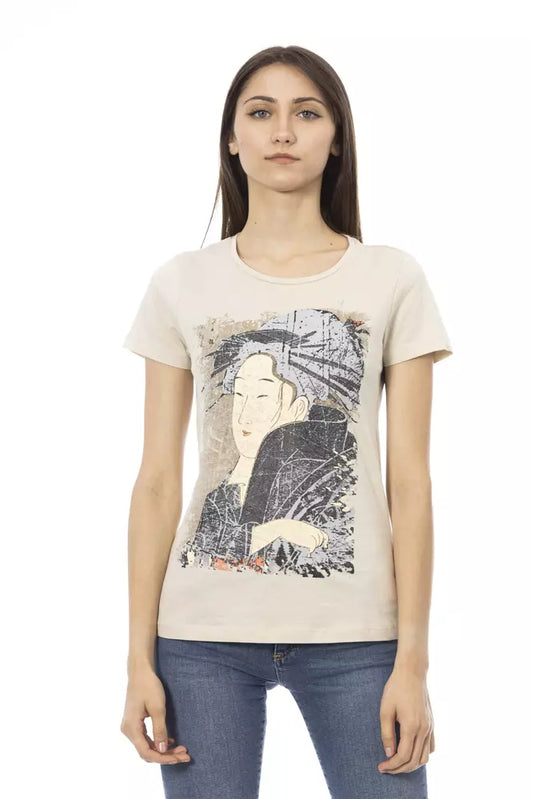 Beige short-sleeve shirt with face graphic viewed from front