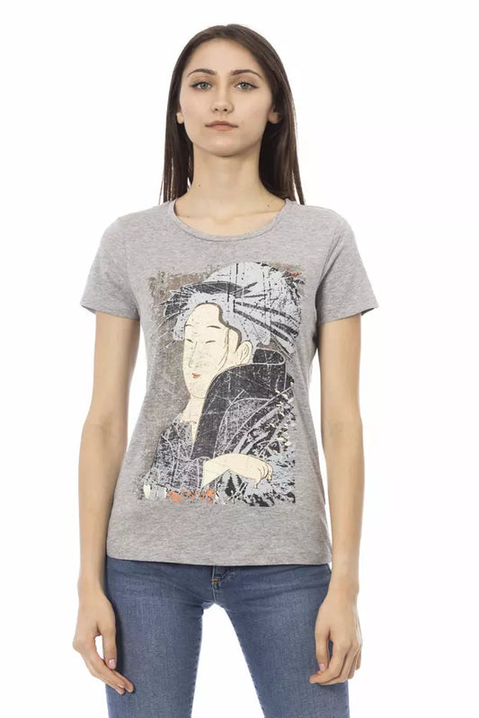 Gray short-sleeve t-shirt front view with large printed illustration of a person wearing a hat
