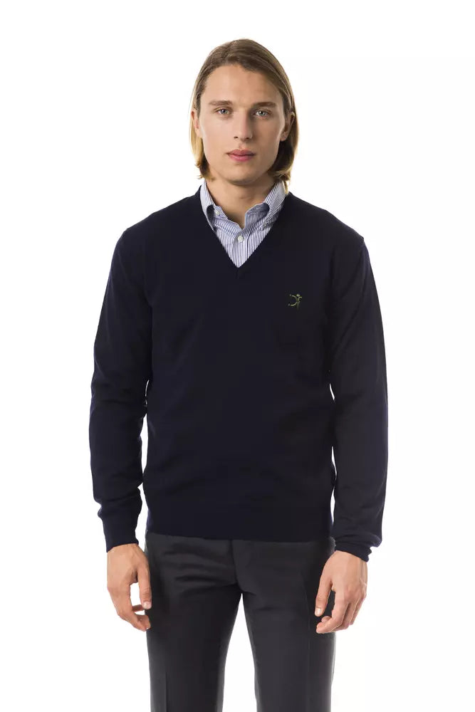 Black V-neck sweater viewed from the front with a small embroidered logo on the chest
