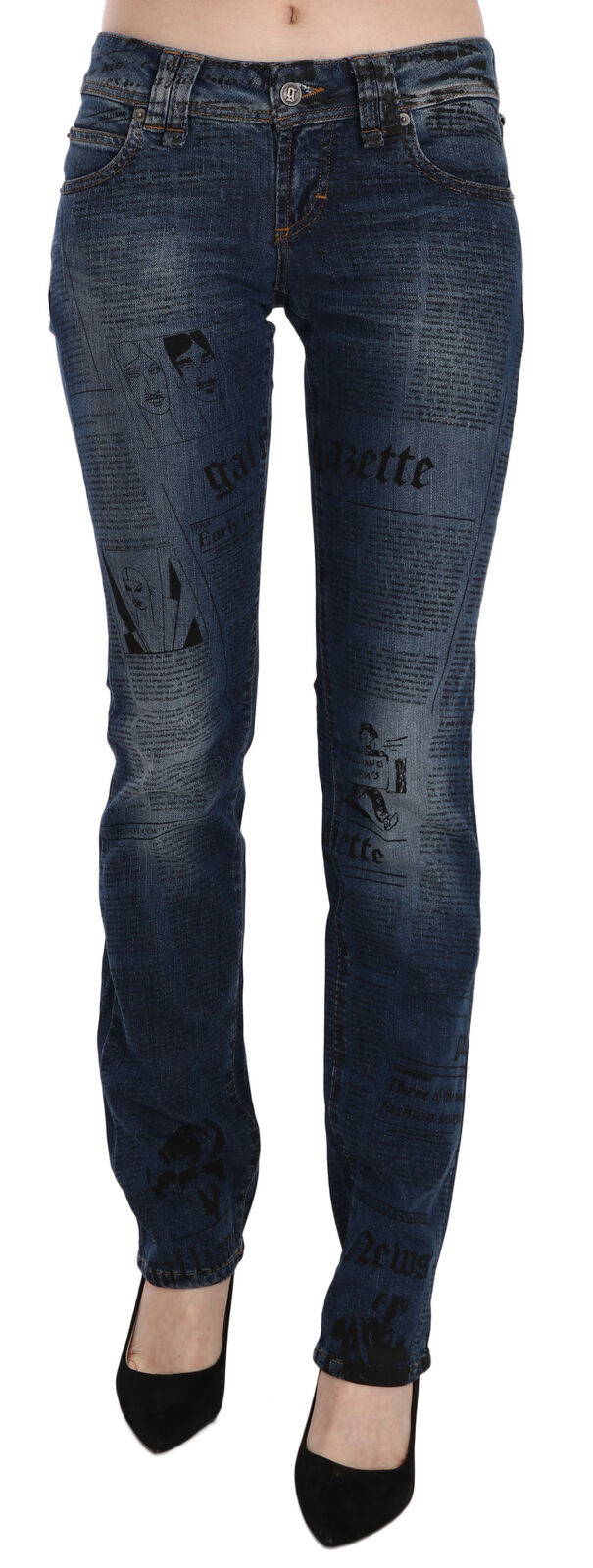 John Galliano blue low waist skinny jeans in cotton with newspaper print