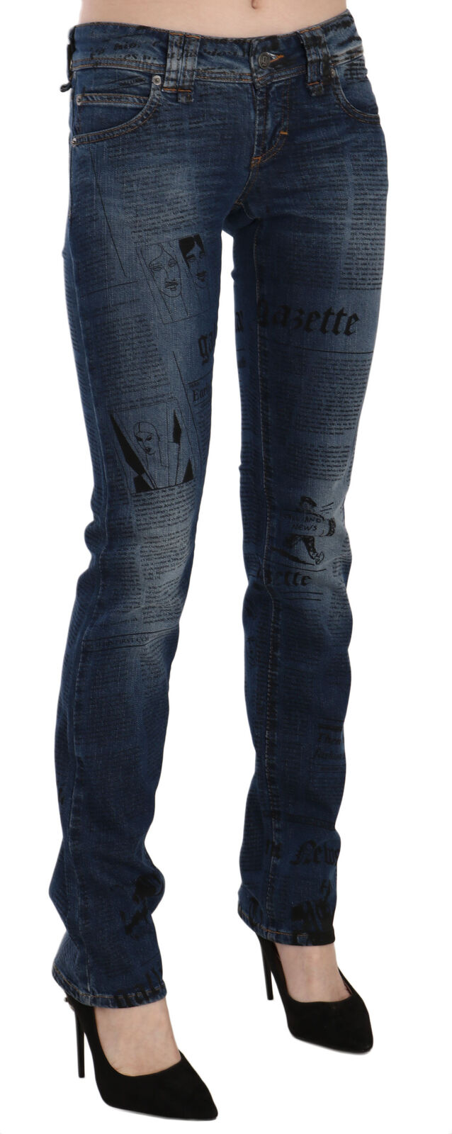 John Galliano blue low waist skinny jeans in cotton with newspaper print