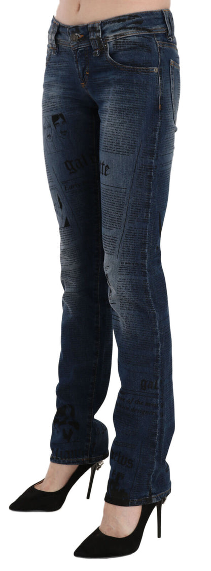 John Galliano blue low waist skinny jeans in cotton with newspaper print