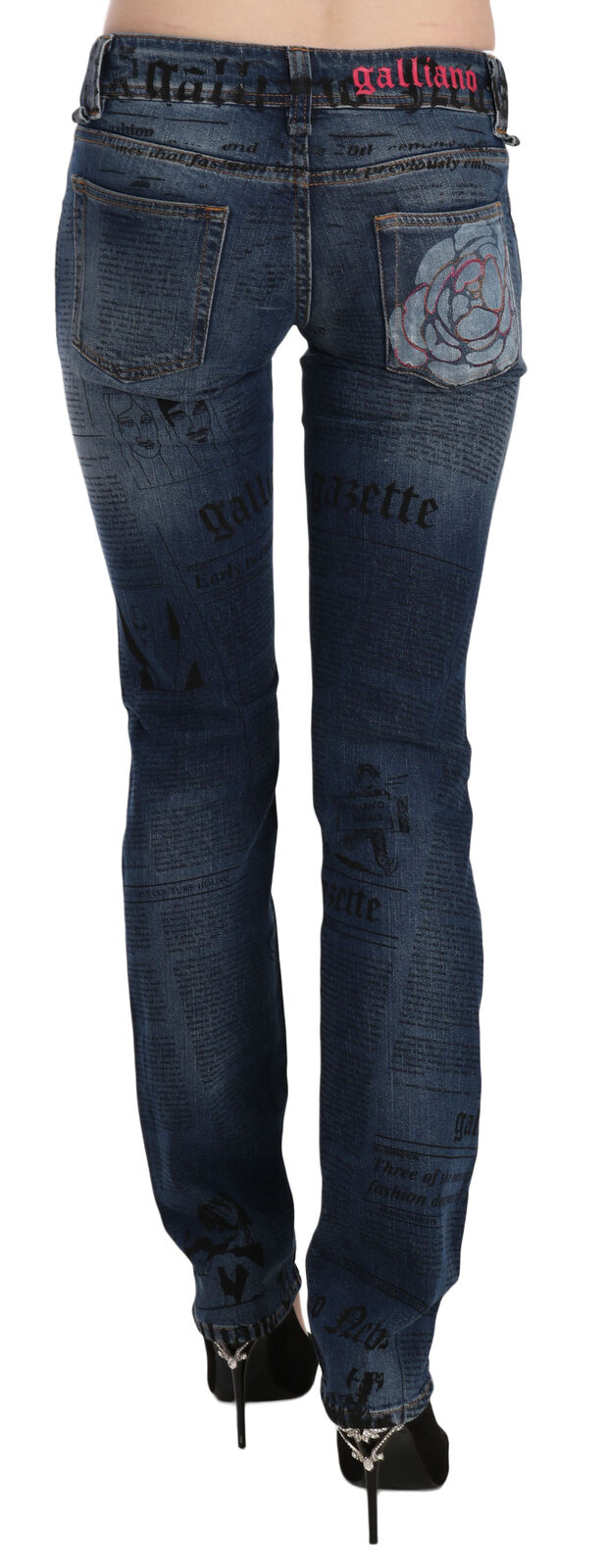 John Galliano blue low waist skinny jeans in cotton with newspaper print