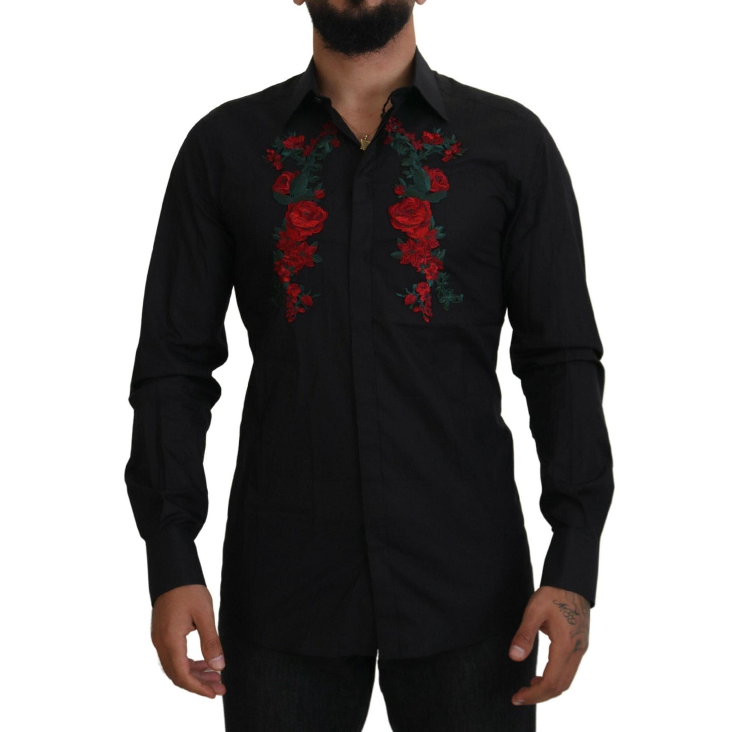 Dolce & Gabbana Black Floral Embroidery Men Long Sleeves GOLD Shirt