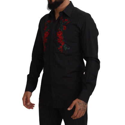 Dolce & Gabbana Black Floral Embroidery Men Long Sleeves GOLD Shirt