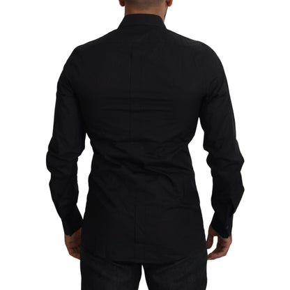 Dolce & Gabbana Black Floral Embroidery Men Long Sleeves GOLD Shirt