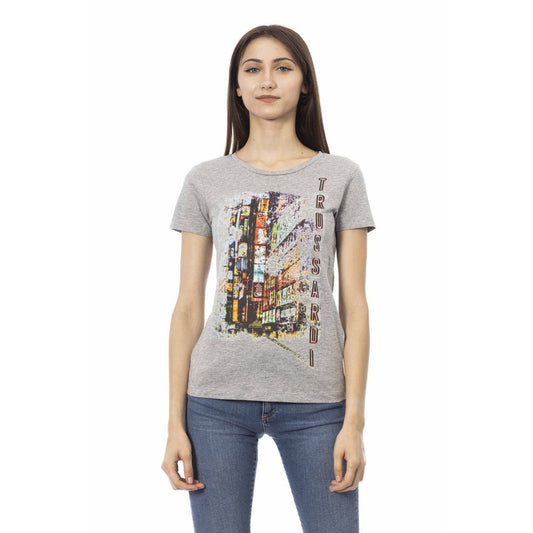 Gray T-shirt front view with short sleeves and colorful cityscape print plus text on chest.