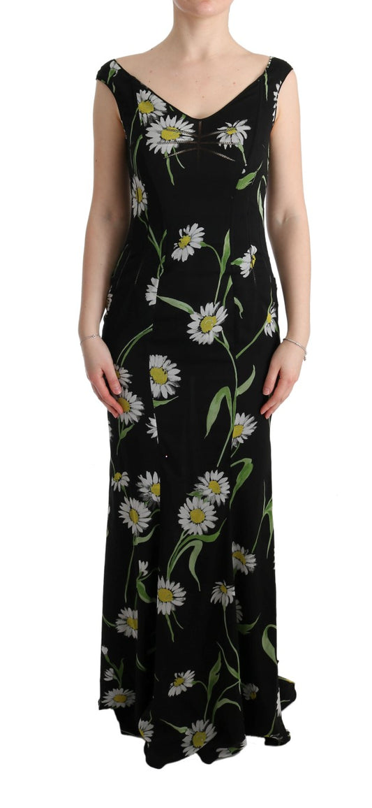 Black Dolce & Gabbana silk sheath dress with white sunflower print