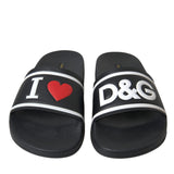 Dolce & Gabbana Black Leather I Love D&G Sandals Slides Shoes