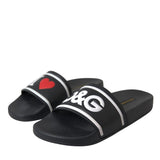 Dolce & Gabbana Black Leather I Love D&G Sandals Slides Shoes