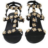 Dolce & Gabbana Black Leather Embellished Heel Sandal Shoes