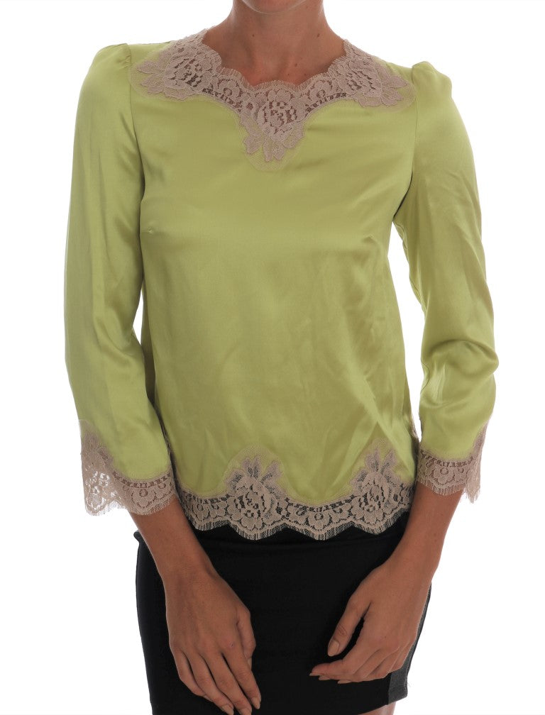 Dolce & Gabbana light green silk blouse with beige floral lace