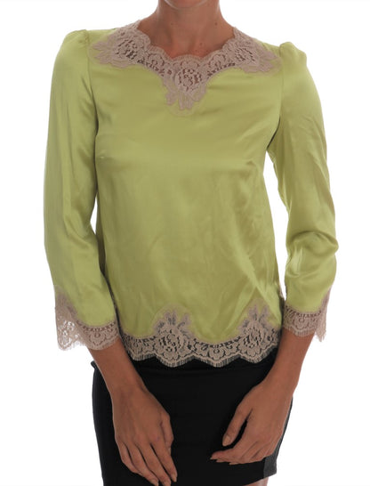 Dolce & Gabbana light green silk blouse with beige floral lace