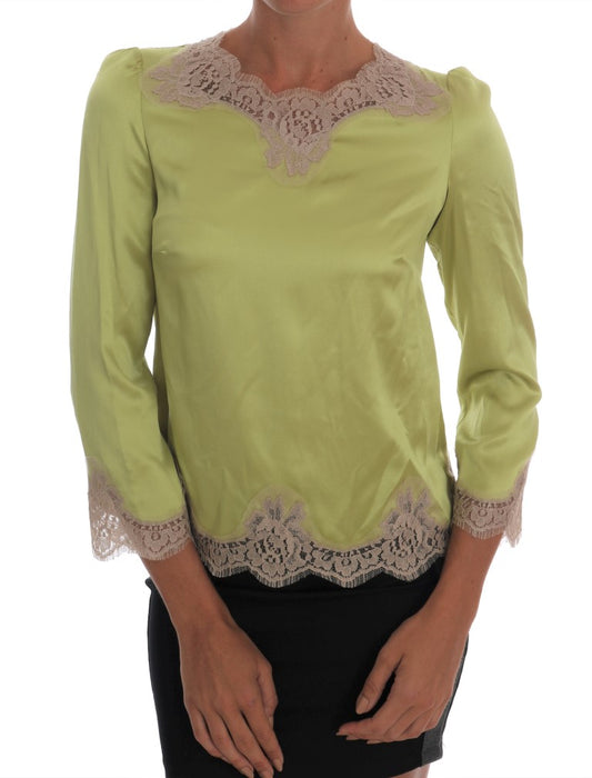 Dolce & Gabbana light green silk blouse with beige floral lace
