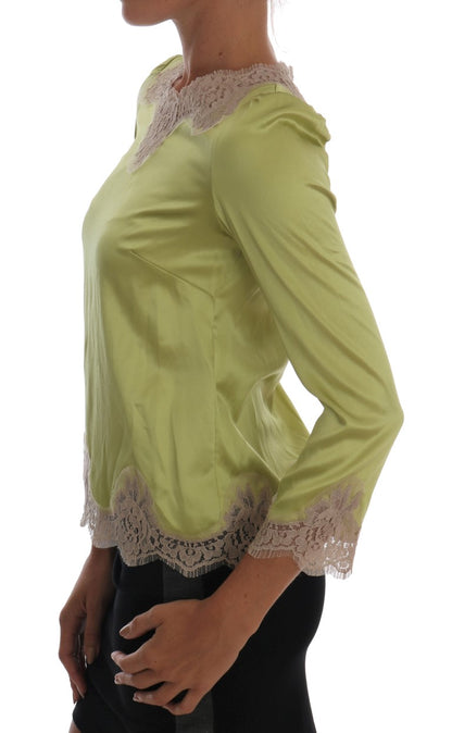 Dolce & Gabbana light green silk blouse with beige floral lace