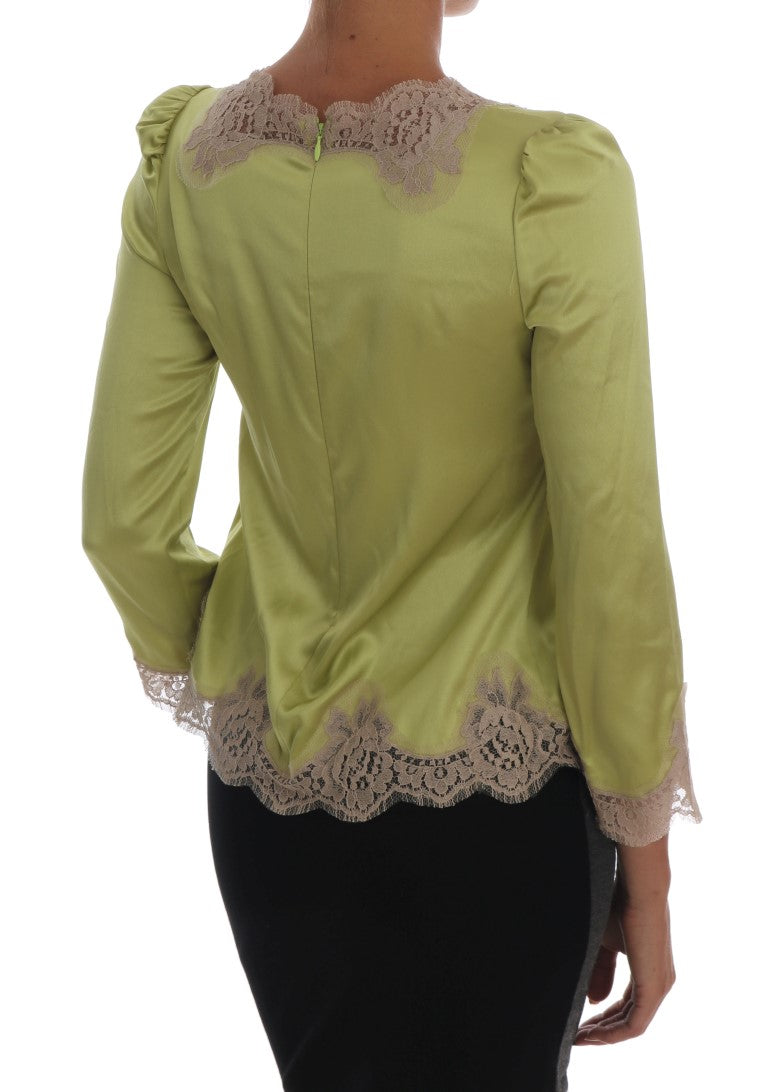 Dolce & Gabbana light green silk blouse with beige floral lace