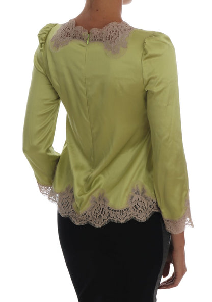 Dolce & Gabbana light green silk blouse with beige floral lace