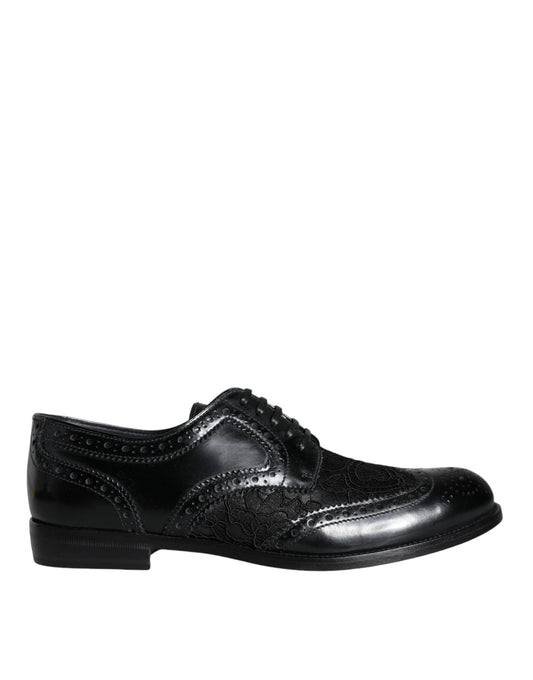 Black leather derby shoes with floral lace