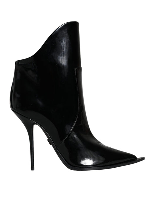 Dolce &amp; Gabbana Black Patent Leather Pointed Ankle Boots Shoes