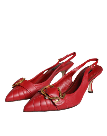 Dolce &amp; Gabbana Red Devotion Leather Heels Slingback Shoes